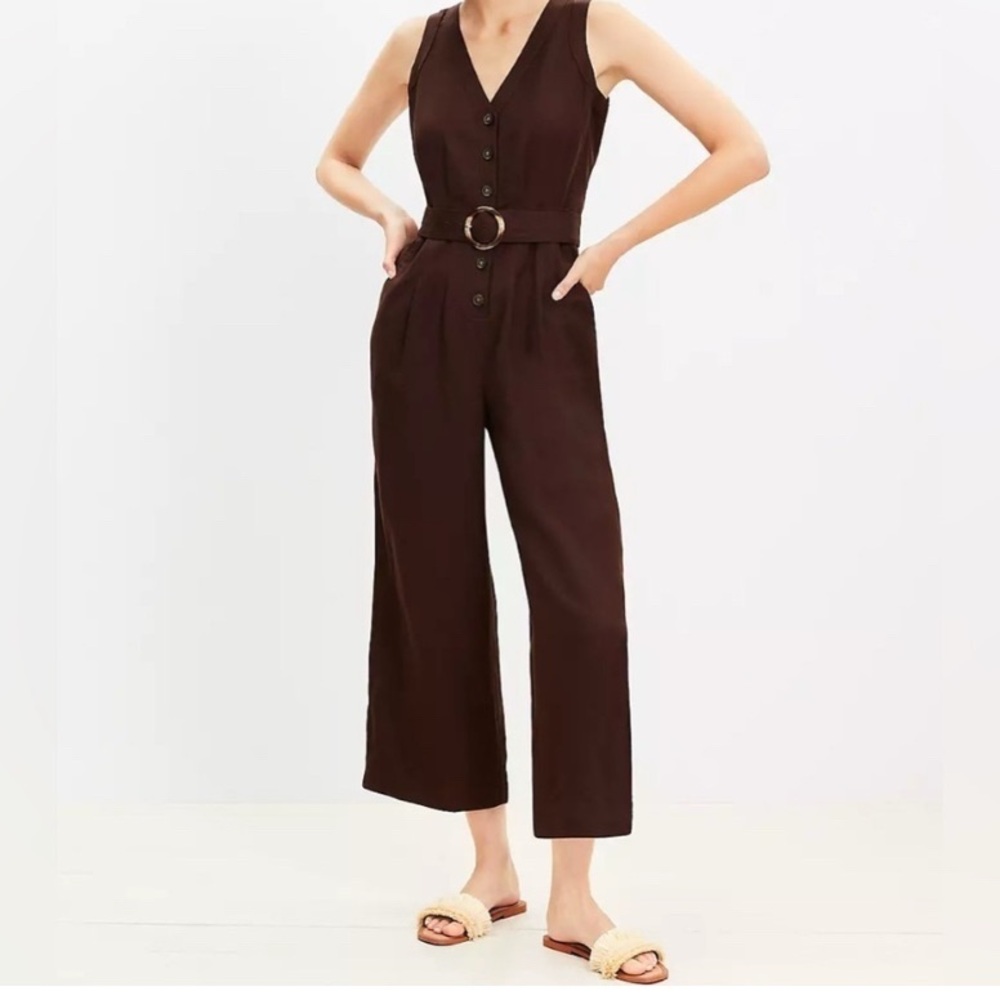 LOFT Brown V-Neck Button Front Belted Jumpsuit